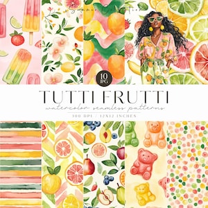 Patrón sin costuras de frutas mixtas de verano, mezcla de frutas de acuarela, fondo colorido, repetitivo, descarga digital, álbum de recortes, comercial