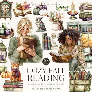 Imágenes prediseñadas de lectura acogedora de otoño, amante de los libros de otoño en acuarela, gráficos PNG de otoño, biblioteca, libros, Cottagecore, pegatinas digitales, uso comercial