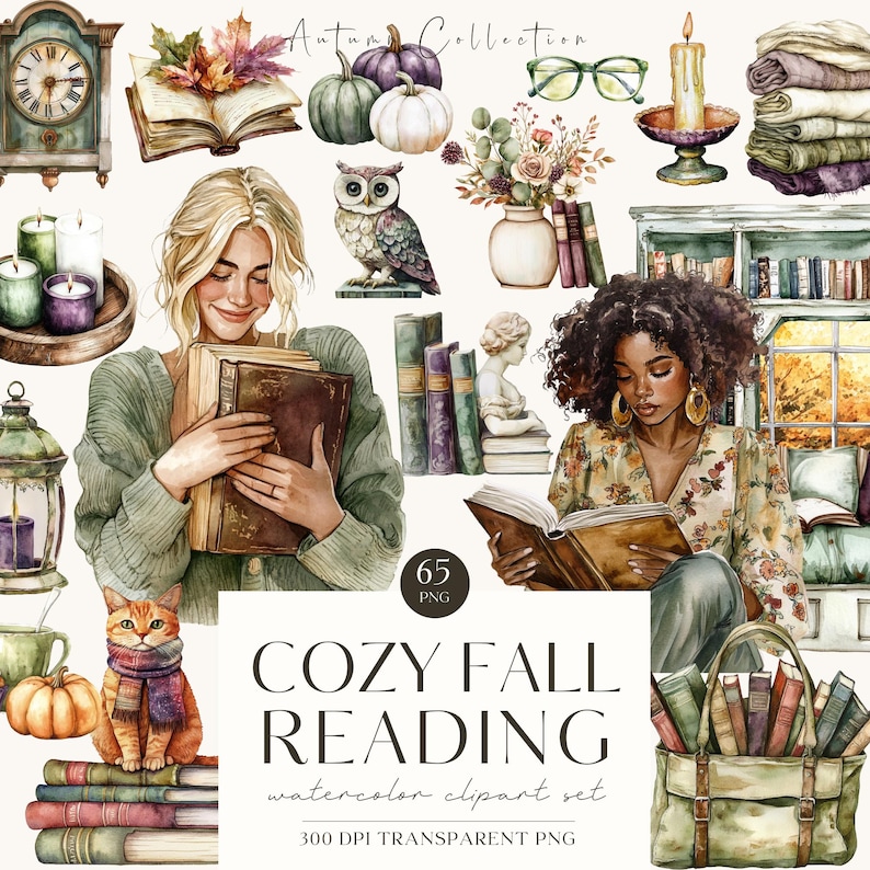 Op de afbeelding: Een aquarel clipart-set met 65 knusse herfstleesillustraties. De set bevat afbeeldingen van boeken, kaarsen, uilen, pompoenen, een kat, een boekenkast en twee vrouwen die lezen. De tekst "Cozy Fall Reading" is geschreven in een decoratief lettertype.