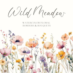 Conjunto de clipart de borda floral - clipart floral - flores silvestres em aquarela - clipart de casamento pré-fabricado - flores delicadas - clipart em aquarela - uso comercial