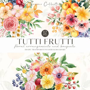 Clipart floral de verano en acuarela, clipart fructífero, ramo floral colorido PNG, flor pastel, pegatinas digitales, álbum de recortes, uso comercial