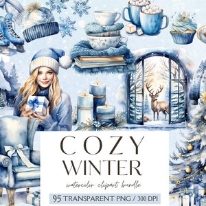 Mega Bundle di Clipart invernali accoglienti, Clipart PNG di Natale blu acquerello, Clipart di ragazze, Acquerello di Natale, Adesivi digitali, Scrapbooking