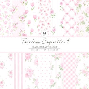 Coquette Seamless Patterns, Grandmillennial Background, Pink Watercolor Bow, Rose Floral Digital Paper,Preppy Pattern (Digital Download JPG)
