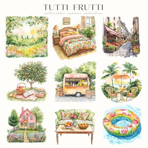 Puede incluir: Ilustraciones en acuarela de una colecci&oacute;n de verano "Tutti Frutti". Las escenas incluyen un dormitorio con ropa de cama con tem&aacute;tica de naranja, un puesto de frutas, un picnic con un naranjo, una casa rosa y un flotador de piscina. La colecci&oacute;n tiene un ambiente brillante y veraniego.