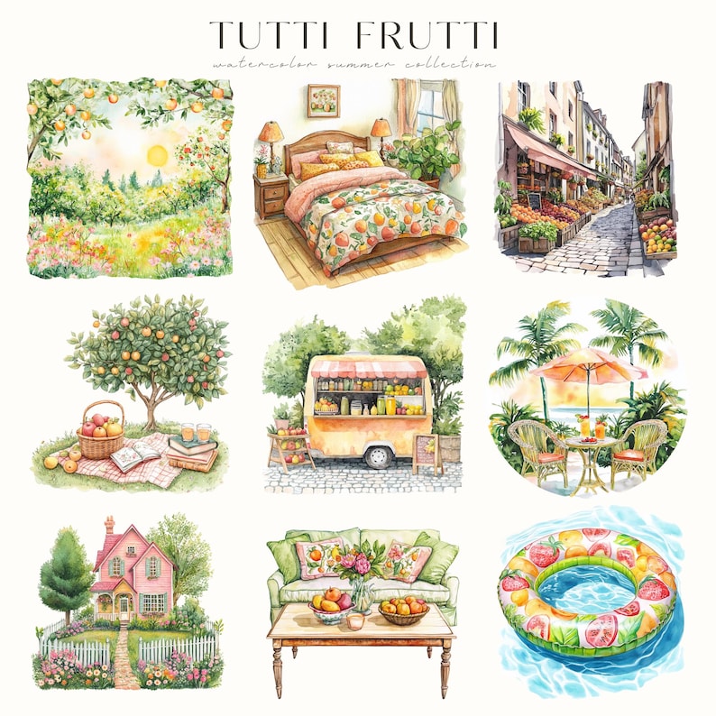 Puede incluir: Ilustraciones en acuarela de una colecci&oacute;n de verano "Tutti Frutti". Las escenas incluyen un dormitorio con ropa de cama con tem&aacute;tica de naranja, un puesto de frutas, un picnic con un naranjo, una casa rosa y un flotador de piscina. La colecci&oacute;n tiene un ambiente brillante y veraniego.