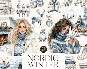 Cozy Winter Clipart, Bluey PNG Bundle, Watercolor Nordic Winter Coziness, Blue Cuteness PNG, Cottagecore, Digital Stickers, Scrapbooking