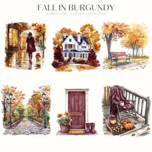 May include: A watercolour autumn collection titled "Fall in Burgundy." The image presents six vignettes: a person with a dog in the rain, a house, a park bench, a pathway, a door with sunflowers, and a porch with a rocking chair and pumpkin.