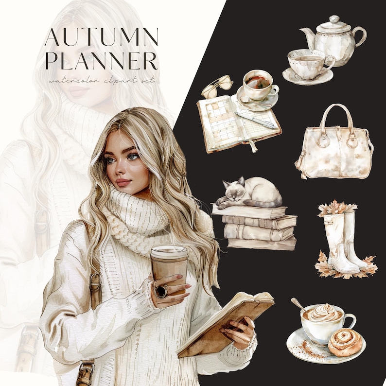 Pu&ograve; includere: Un set di illustrazioni ad acquerello con elementi autunnali, tra cui una donna con un maglione bianco che tiene una tazza di caff&egrave; e un libro, un gatto che dorme su una pila di libri, una teiera con una tazza di t&egrave;, una borsa a mano, un paio di stivali da pioggia e una tazza di caff&egrave; con un cornetto alla cannella. Il set &egrave; intitolato "Autumn Planner" e include il testo "watercolor clipart set".