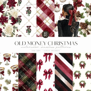Può includere: Una collezione di arte digitale intitolata "Old Money Christmas" con motivi acquerellati senza cuciture. I disegni includono composizioni floreali, motivi a quadri e illustrazioni di elementi festivi nei toni del rosso, bianco e verde. L'immagine include il testo "10 JPG".