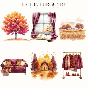 May include: A watercolour illustration titled "FALL IN BURGUNDY". The image depicts various autumn scenes: a tree, a window with curtains, a field, a sofa, a cabin in the woods, and a clothing rack with autumn clothing.