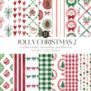 以下が含まれることがあります： クリスマスをテーマにした14種類の水彩シームレスパターン。サンタクロース、クリスマスツリー、リボン、オーナメントなど、赤、緑、白を基調としたお祝いのデザインが特徴です。「JOLLY CHRISTMAS 2」の文字が表示されています。