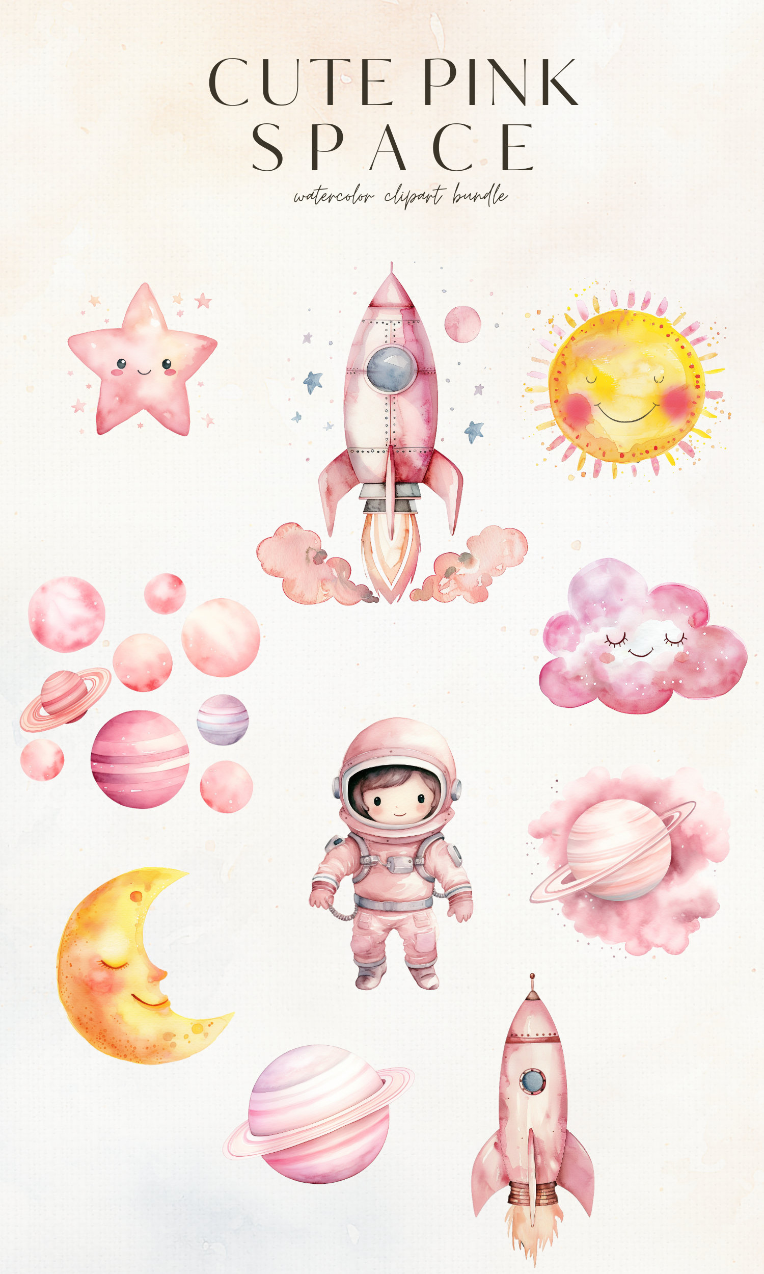 Watercolor Pink Cute Space Clipart Bundle, Pastel Girl Astronaut ...
