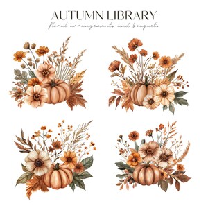 Watercolor Autumn Floral Clipart, Rustic Fall Floral Bouquet, Fall Pumpkin PNG, Wedding Invite, Digital Stickers, Scrapbook, Commercial Use image 3