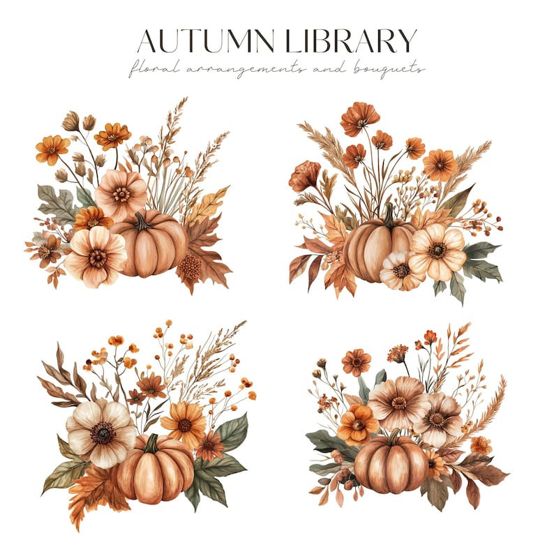 Watercolor Autumn Floral Clipart, Rustic Fall Floral Bouquet, Fall Pumpkin PNG, Wedding Invite, Digital Stickers, Scrapbook, Commercial Use image 3