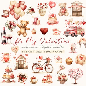 Clipart di San Valentino ad acquerello - Dolce San Valentino - Clipart di San Valentino - Celebra l'amore - Orsetto di peluche innamorato - Download immediato - Licenza commerciale