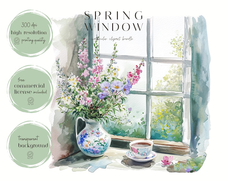 Spring Window View Clipart Bundle, Watercolor Spring, PNG Design Spring ...