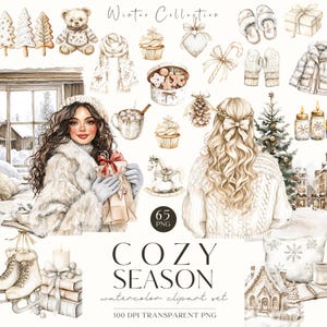Clip Art invernale, Natale accogliente, Pacchetto di Natale neutro con acquerello, Inverno crema, Accoglienza, Carineria PNG, Adesivi stagionali, Scrapbooking