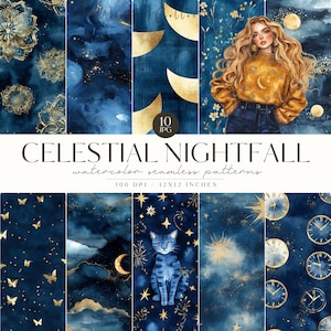 Himmlisches Muster, Sonnenmuster, Mond, Sterne, Magie, mystisch, Nahtloses Muster, sich wiederholendes Muster, Gold, Scrapbooking, kommerzielle Nutzung