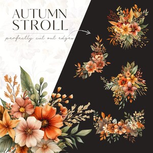 May include: Watercolor floral arrangements in shades of orange, peach, and green. The text "AUTUMN STROLL" and "perfectly cut out edges" are displayed. The image features several floral bouquets and arrangements.