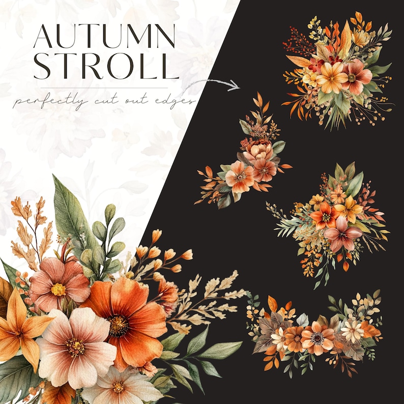 May include: Watercolor floral arrangements in shades of orange, peach, and green. The text "AUTUMN STROLL" and "perfectly cut out edges" are displayed. The image features several floral bouquets and arrangements.