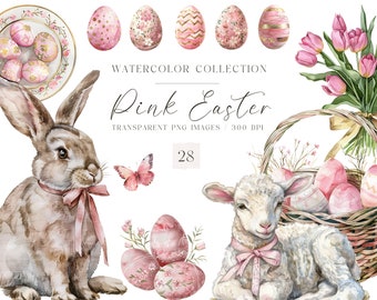 Pink Easter Eggs Bunny Clipart-Easter Graphics-Pastel Easter-Spring PNG-Cute Easter-Cottagecore-Digital Stickers-Commercial-Instant Download
