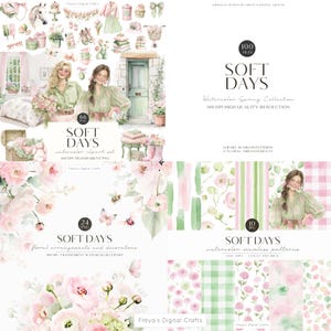 May include: A digital watercolor collection titled "Soft Days" featuring floral arrangements, seamless patterns, and clipart. The collection includes images of women, flowers, and decorative elements in soft pastel colors. The collection includes 100 files.