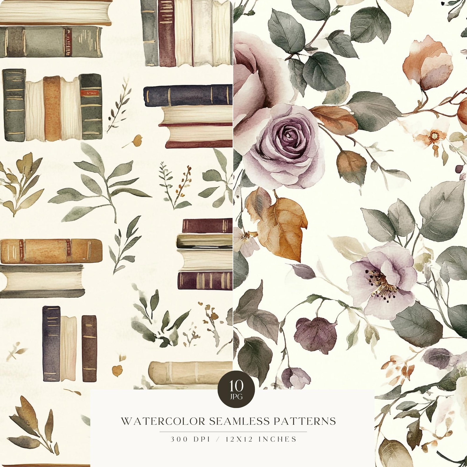 Reading Pattern Graphics Watercolor Cozy Fall Reading Seamless Patterns, Autumn JPG, Repeating ...