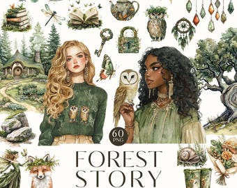 May include: A watercolor clipart set with a forest theme. The set includes 60 PNG images of various forest elements, including owls, mushrooms, a fox, a fairy, a tree, a house, a snail, a book, a key, a lock, a teapot, a dragonfly, a dreamcatcher, a crow, a hat, and more. The images are 300 DPI and have transparent backgrounds.
