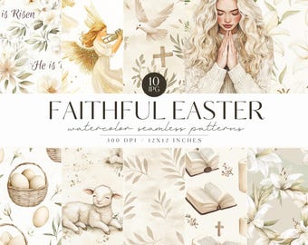 Religious Easter Seamless Pattern, Neutral Easter Background, Cross, He is Risen, Easter Lily, Digital Download, Scrabook, Commercial Use