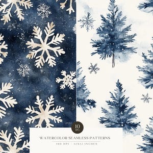 May include: Ten watercolor seamless patterns featuring blue and gold snowflakes and pine trees on a white and blue background. 300 DPI / 12x12 inches.