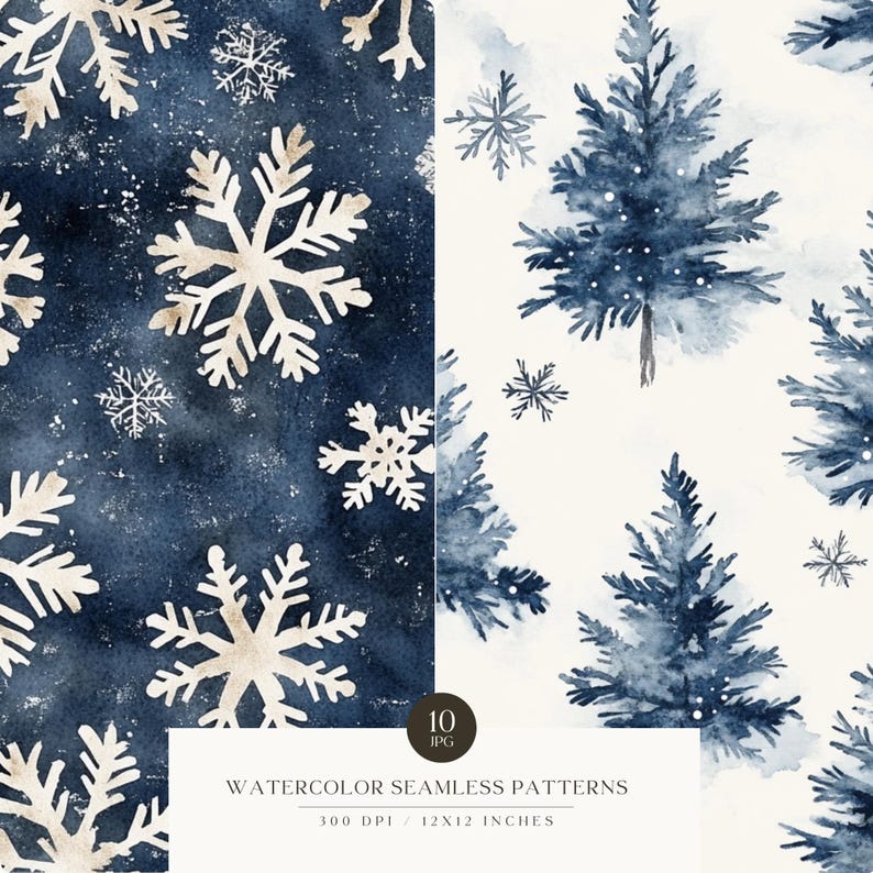May include: Ten watercolor seamless patterns featuring blue and gold snowflakes and pine trees on a white and blue background. 300 DPI / 12x12 inches.