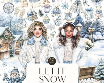 Watercolor Frosty Cozy Winter Clipart Bundle, Snowy Winter PNG Illustrations, Instant Digital Download and Commercial Use
