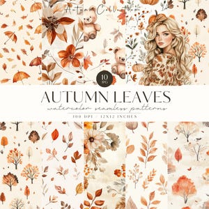 Motifs d'automne confortables sans couture, Feuillage d'automne aquarelle, Motif infini de feuilles d'automne, Scrapbooking, Feuilles numériques, Citrouille, Usage commercial