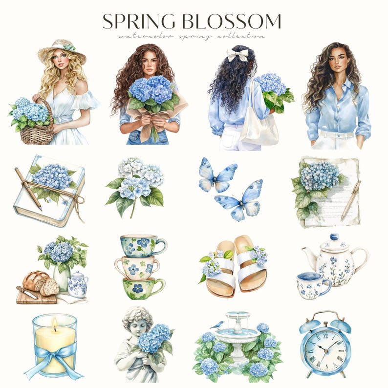 May include: A watercolor illustration set featuring a spring blossom theme. The set includes images of women, flowers, butterflies, teacups, sandals, a fountain, an alarm clock, a candle, and a statue holding flowers. The illustrations are in shades of blue, white, and green.