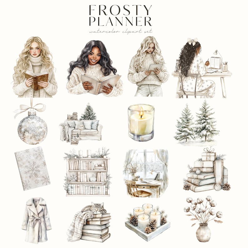 K&ouml;nnte beinhalten: Ein Set mit Aquarell-Illustrationen mit winterlichen Motiven, darunter Frauen, die B&uuml;cher lesen, eine brennende Kerze, ein B&uuml;cherregal, ein gem&uuml;tlicher Sessel, ein verschneiter Weihnachtsbaum, ein Stapel B&uuml;cher, ein wei&szlig;er Christbaumschmuck, ein wei&szlig;er Mantel und eine Vase mit Baumwollzweigen. Die Illustrationen sind in einer weichen, gedeckten Farbpalette gehalten und haben eine verspielte, gem&uuml;tliche Atmosph&auml;re.