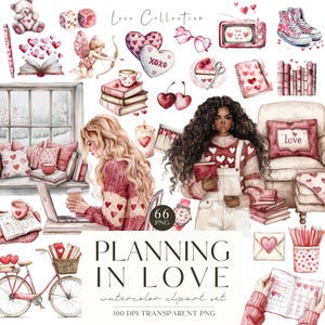 Clipart de San Valentín, pegatinas de acuarela para planificador, San Valentín literario, feliz día de San Valentín, PNG de ternura, pegatinas digitales, uso comercial