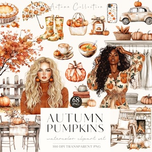 Clipart automne douillet, citrouille aquarelle, graphiques automne PNG, illustration fille douillette, cottagecore, feuille, autocollants numériques, usage Commercial