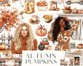 Può includere: Un set di clipart ad acquerello con 68 illustrazioni a tema autunnale. Il set include zucche, foglie, stivali, una tazza di caffè, zuppa, una donna con un vestito a stampa di zucca, una sedia a dondolo, un camino e molto altro. Il testo "Autumn Pumpkins watercolor clipart set 300 DPI TRANSPARENT PNG" è incluso nell'immagine.