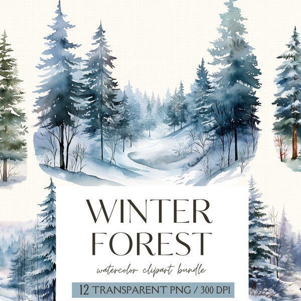 Watercolor Winter Forest Clipart-Winter Woodland Clipart-Winter Forest Landscape-Winter Tree-Snow Forest-Commercial Use-PNG-Instant Download