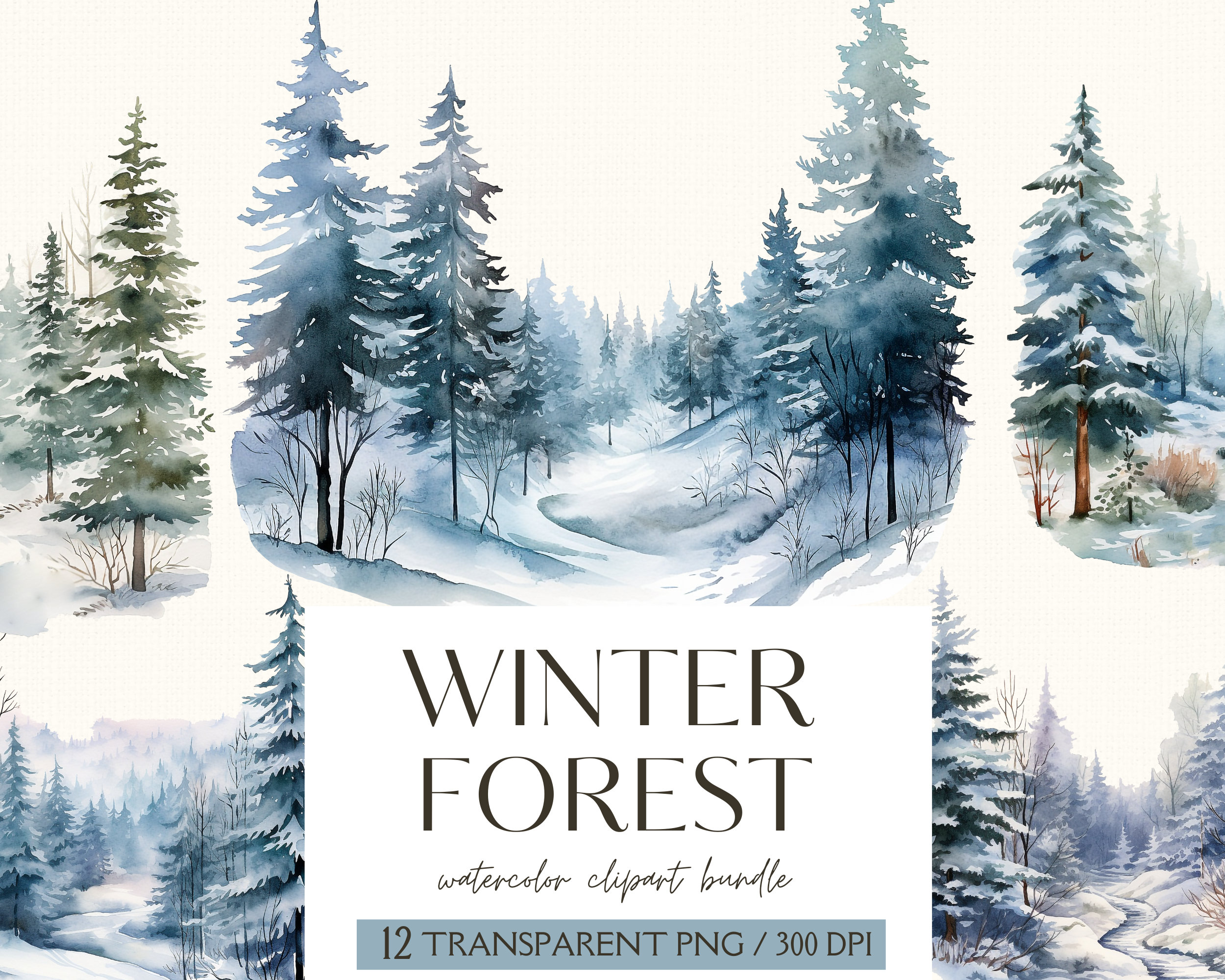 Watercolor Winter Forest Clipart-Winter Woodland Clipart-Winter Forest Landscape-Winter Tree-Snow Forest-Commercial Use-PNG-Instant Download