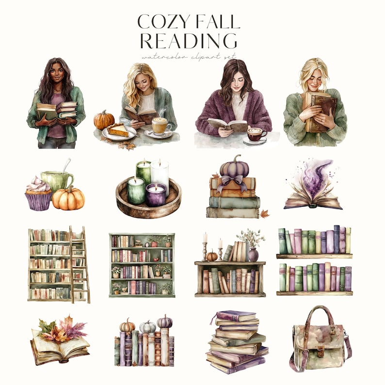 Op de afbeelding: Cozy Fall Reading aquarel clipart set met illustraties van mensen die boeken lezen, stapels boeken, kaarsen, pompoenen en een mok. De tekst "Cozy Fall Reading" en "watercolor clipart set" is opgenomen in de afbeelding.