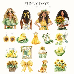 May include: Watercolor illustrations of summer themed items, including a woman in a green polka dot dress, a woman in a yellow dress, a woman in a white dress with sunflowers, a cupcake with sunflowers, a bowl of ice cream with sunflowers, a dog with a sunflower bow, a bouquet of sunflowers, a lemon tart, a pitcher of lemonade, a sunflower earring, a sunflower bow, a sunflower wreath, a rack of clothes with sunflowers, and a pair of shoes with sunflowers.