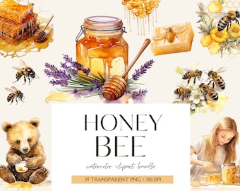 Honey Bee Watercolor Clipart, bee and honey drips spring garden clipart PNG graphics honey Jar Spring Floral Digital Download Girl 300dpi