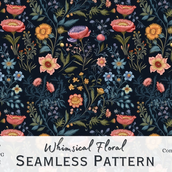 Whimsical Floral Seamless Pattern, Floral Tile Pattern, Commercial Use, Floral Digital Paper, Scrapbooking Pattern, Printable Art Clipart