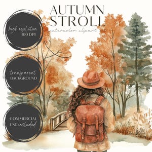 May include: Watercolor clipart titled "Autumn Stroll" featuring a person with a backpack and hat walking on a path towards a bridge. The image has a transparent background and high resolution. The color palette includes shades of brown, orange, and green.