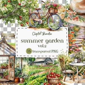 Zomertuin ClipArt-aquarel tuin-zomer-lente-seizoens clipart-bloemen clipart-kaart maken-scrapbook--digitale stickers-commercieel gebruik