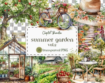 May include: A watercolor illustration clipart bundle of a summer garden with a greenhouse, a bicycle, a swing, a table and chairs, a garden path, and a straw hat with flowers. The text "ClipArt Bundle summer garden vol.2 16 transparent PNG" is on a green banner.