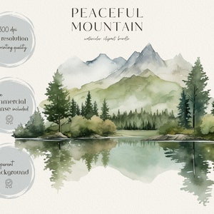 Puede incluir: Ilustraci&oacute;n de acuarela de una escena de monta&ntilde;a pac&iacute;fica con un lago que refleja las monta&ntilde;as y los &aacute;rboles. La imagen incluye un bosque verde, un lago azul y una cadena monta&ntilde;osa brumosa en el fondo. La imagen es perfecta para crear dise&ntilde;os digitales o impresos.