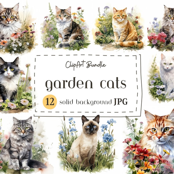 Watercolor Garden Cats JPG-Cat and Flowers-Watercolor garden-Nursery Art-Card Making-Digital Paper-Wall Art-Scrapbook-Commercial License