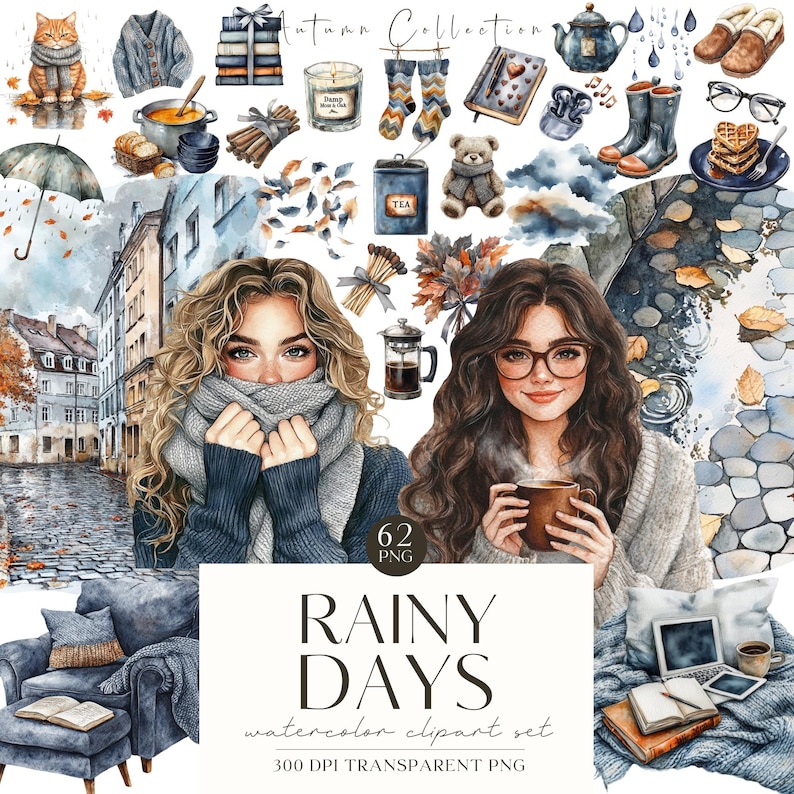 May include: Watercolor clipart set titled "Rainy Days" featuring illustrations of autumn-themed items like a cat, sweaters, tea, books, and women with scarves. The set includes the text "Autumn Collection" and "62 PNG".
